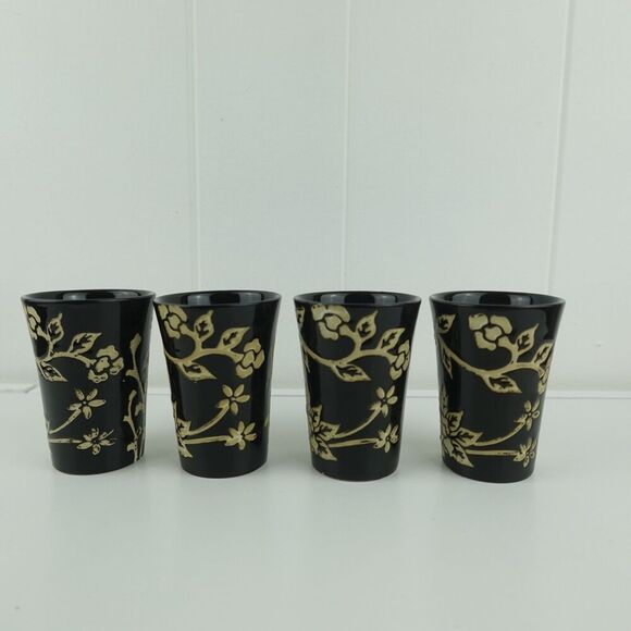 Asian Black and Beige 5pc Ceramic Tea Set Floral Design Bamboo Handle - Picture 10 of 14